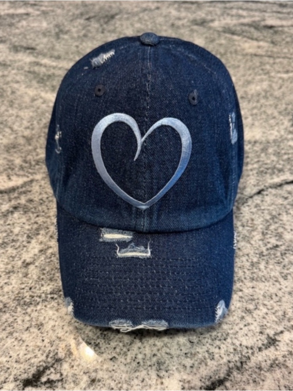 New Custom Designed Dark Blue Distressed Baseball Cap with Blue Open Heart